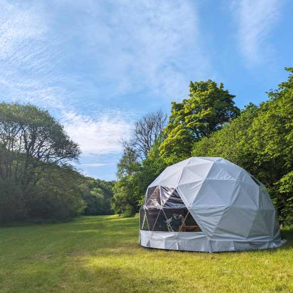 Geodesic glamping dome at Penvose Barn, Cornwall.