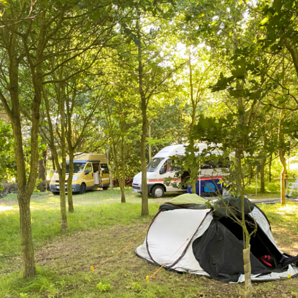 Mature taking a campsite shower