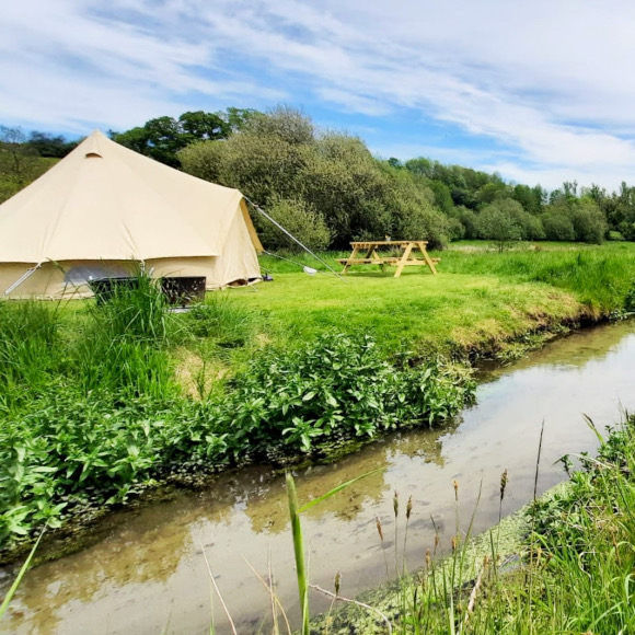 Camping next to a chalk stream in Dorset.